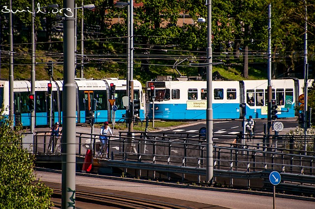 400 Tram Sweden Sirio M32 left, ASEA M31 right, Annedalskyrkan, Gothenburg, Sweden